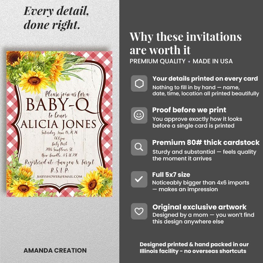 Amanda Creation Sunflower Baby Q Invitations, Sunflower Baby Shower Invitations, 50 Personalized 5x7 Double-Sided Cards with White Envelopes, Made in USA - Image 4