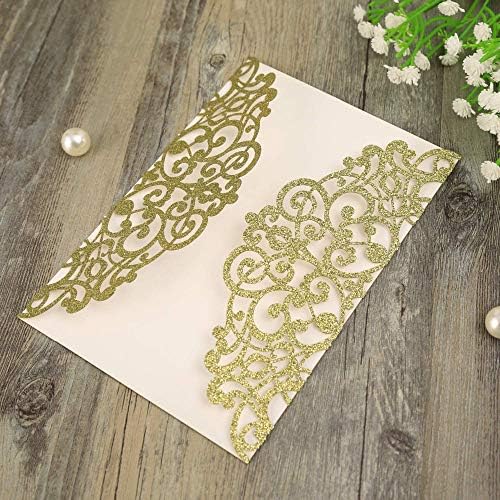 Hosmsua 50PCS Personalized Gold Glitter Laser Cut Flora Lace Wedding Invitations with Bowknot & Envelopes 5.12 x 7.3'' Bridal Shower Engagement Birthday Quincenera Invitation (Gold Glitter) - Image 7