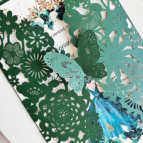 Hosmsua 5.12''x7.3'' 50PCS Emerald Green Quinceanera Invitation Kit Laser Cut Flora Butterfly Invitation Cards Pocket with Envelopes for Quinceanera Bridal Shower Wedding invite (Emerald Green) - Image 5