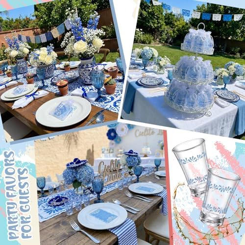 SiliFine 50 Sets Cielito Lindo Baby Shower Favors Shot Glasses for Guests Bulk 1.5oz Recuerdos Para Boda Wedding Shot Glass Thank You Card Bag for Guest Talavera Bridal Baby Shower(Blue) - Image 4