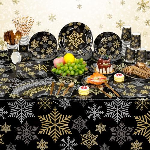 Funnymoom 452 Pcs Christmas Snowflake Party Supplies Black Gold and Sliver Snowflake Paper Plates and Napkins Cups Tablecloth Cutlery Straws for 50 Guests Winter Xmas Birthday Party Decoration - Image 6