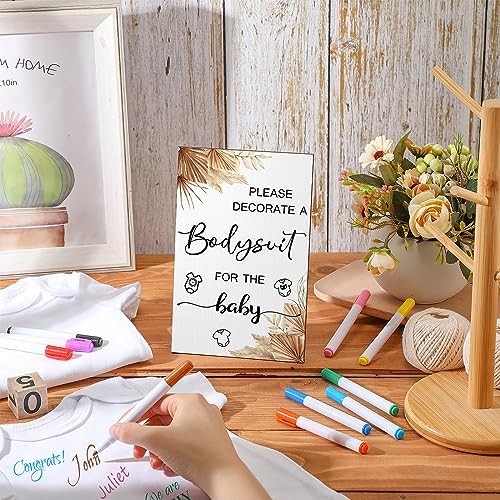 Handepo 26 Pcs Baby Shower Games DIY Bodysuit Set 1 Wooden Sign 15 White Bodysuits 10 Fabric Markers for Birth Decorating Kit(Boho) - Image 5
