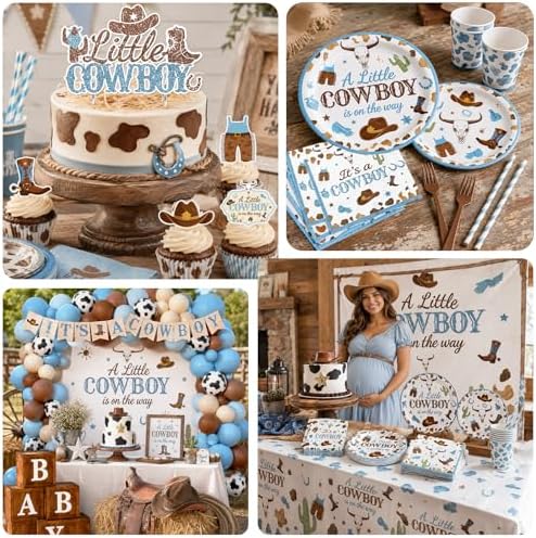 Cowboy Baby Shower Decorations for Boy, All-in-1 Retro Western Baby Shower Decorations with Balloon Arch Baby Boxes Plates Napkins Cake Toppers Tablecloth Backdrop Banner for Cowboy Rodeo Baby Shower - Image 6