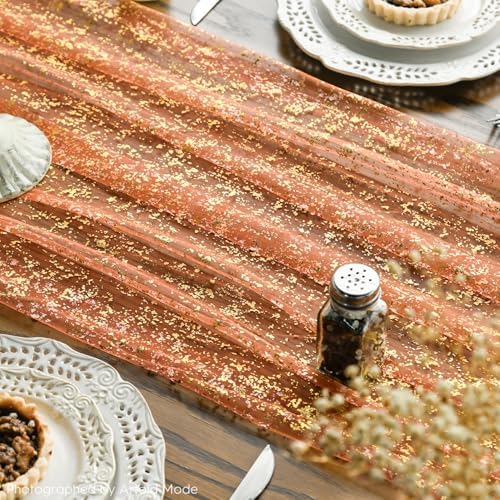 Artoid Mode 10PCS Orange Gold Gauze Table Runner 120 Inch 10FT, Glitter Metallic Foil Sheer Dining Wedding Anniversary Holiday Table Decor for Home Party - Image 4