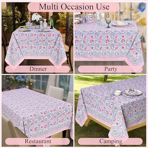 Ridhi Blue Pink Hand Block Print Cotton Tablecloth 140 x 72 Inch Rectangle - Image 4