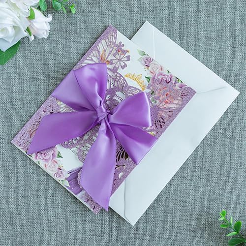 20 PCS 5.12x7.2 Butterfly Personalized Quinceanera Invitation, Customized XV Anos Laser Cut Invitation Cards with Envelopes (Purple Glitter Personalized) - Image 6