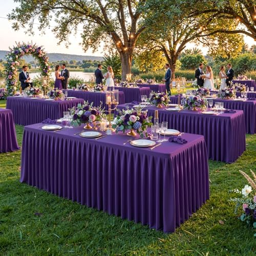 Purple Polyester Table Cloths for Rectangle 6 Foot Tables, 2 Pack Wrinkle Free Tablecloths Stretchy Banquet Ruffle Fitted Table Cover Desk Skirt for Parties Wedding Birthday Baby Shower - Image 3