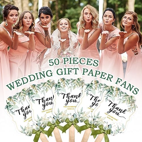 Huwena 50 Sets Wedding Fans for Guests Handheld Fans, Green, Leaf - Image 3