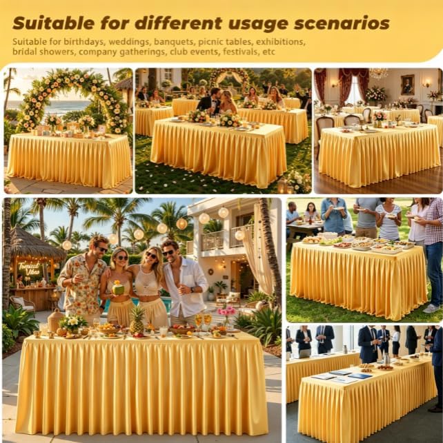 Gold Polyester Table Cloths for Rectangle 8 Foot Tables, 6 Pack Wrinkle Free Tablecloths Stretchy Banquet Ruffle Fitted Table Cover Desk Skirt for Parties Wedding Birthday Baby Shower - Image 7