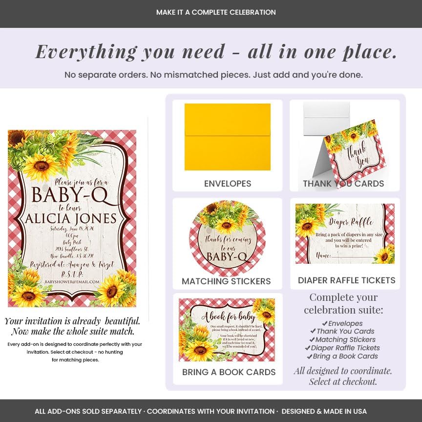 Amanda Creation Sunflower Baby Q Invitations, Sunflower Baby Shower Invitations, 20 Personalized 5x7 Double-Sided Cards with White Envelopes, Made in USA - Image 6