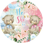 AOFOTO 5x5ft Bear Baby Shower Round Backdrop Cover Pink Blue Flowers Bear Gender Reveal Party Decorations Banner Boy or Girl He or She Circle Background Baby Newborn 1st Birthday Photobooth Props - Image 4