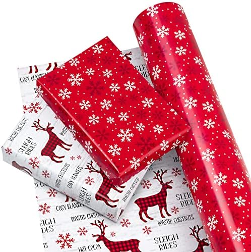 WRAPAHOLIC 30 Inch Jumbo Reversible Christmas Wrapping Paper - 30 Inch x 100 Feet Jumbo Roll Red White Reindeer and Snowflake Wrapping Paper for Christmas, Holiday, Party - Image 2