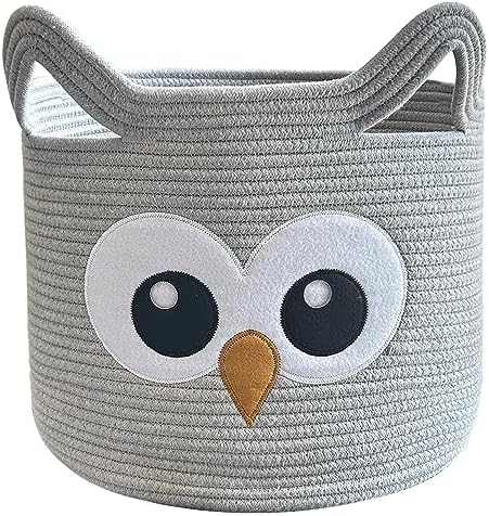 VK VK·LIVING Owl Storage Basket for Gift Foldable Cute Nursery Animal Toy Basket with Handles, Large Cotton Rope Baby Laundry Storage Organizer for Blanket Towels in Living Room Bedroom 15"Lx14"H by VKVK%C2%B7LIVING