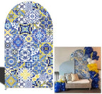 Mediterranean Blue White Tile Arch Backdrop Cover, 7.2x4ft Azulejos Pattern Arched Background for Birthday Party, Baby Shower, Wedding, Bridal Shower, Stretch Fabric Cover (Stand Not Included) by FiVan