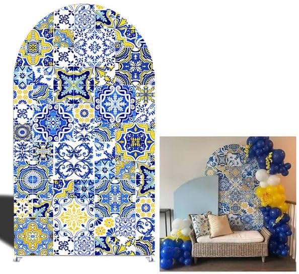 Mediterranean Blue White Tile Arch Backdrop Cover, 7.2x4ft Azulejos Pattern Arched Background for Birthday Party, Baby Shower, Wedding, Bridal Shower, Stretch Fabric Cover (Stand Not Included) by FiVan