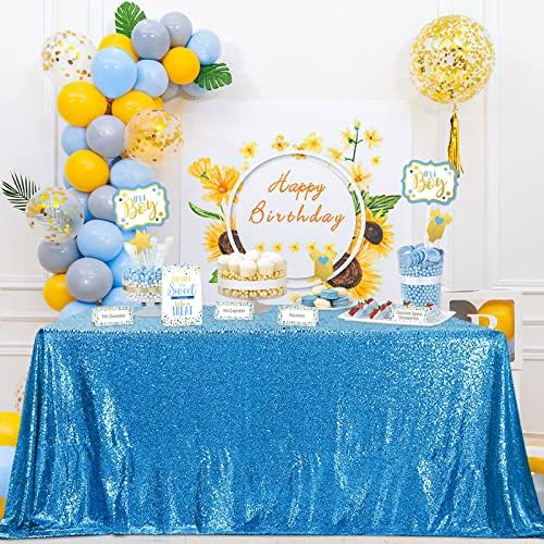 QueenDream Aqua Blue Tablecloth 90 x 132 Inch Sequin Tablecloth for Party Decorations Glitter Tablecloth for Bridal Baby Shower Wedding by QueenDream