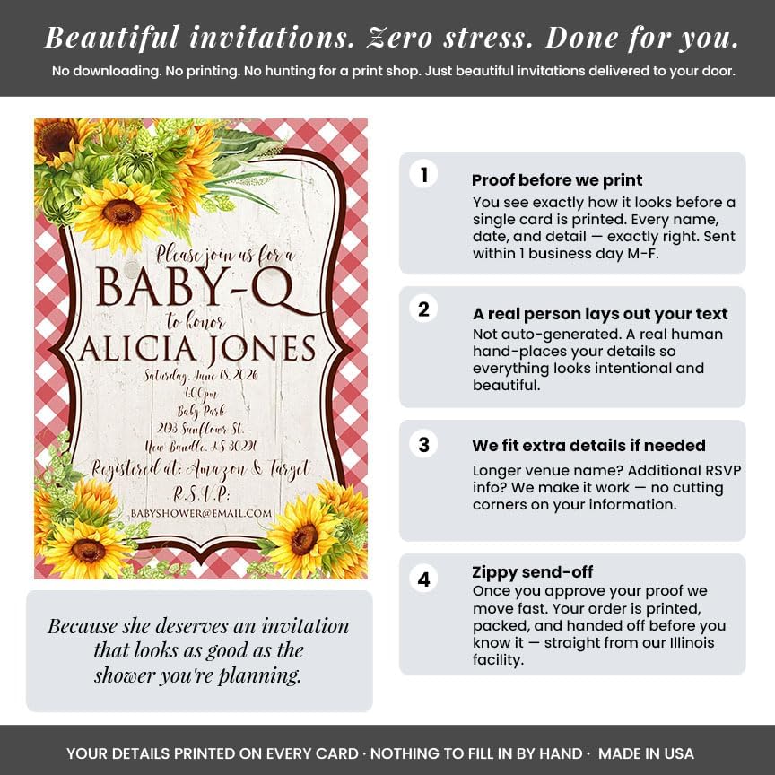 Amanda Creation Sunflower Baby Q Invitations, Sunflower Baby Shower Invitations, 30 Personalized 5x7 Double-Sided Cards with White Envelopes, Made in USA - Image 3
