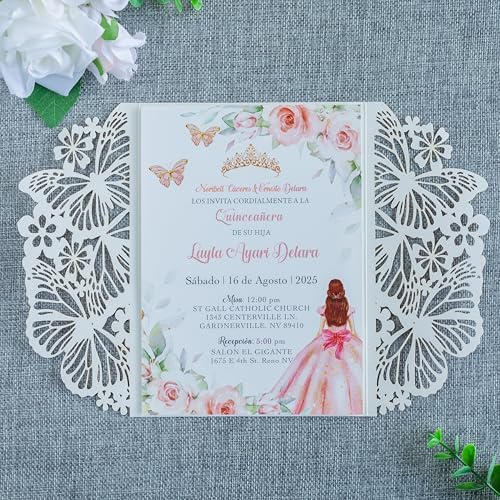 20 PCS 5.12x7.2 Butterfly Personalized Quinceanera Invitation, Customized XV Anos Laser Cut Invitation Cards with Envelopes (Rose Gold Personalized) - Image 3