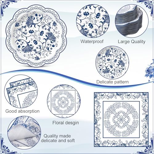 Pickmesh 250 Pcs Chinoiserie Party Supplies Decorations Blue and White Porcelain Disposable Paper Plates Napkins and Cups for Blue White Floral Baby Shower Birthday Wedding Tea Party, Serve 50 - Image 3