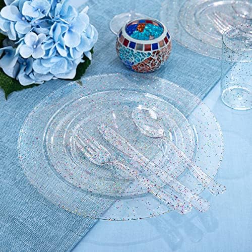 Rubtlamp 180PCS Glitter Plastic Plates with Glitter Disposable Silverware, Clear Glitter Plates for 30 Guests Include 30Dinner Platos, 30Dessert Platos, 90Cutlerys, 30Cups for Party (Pack of 2) - Image 5