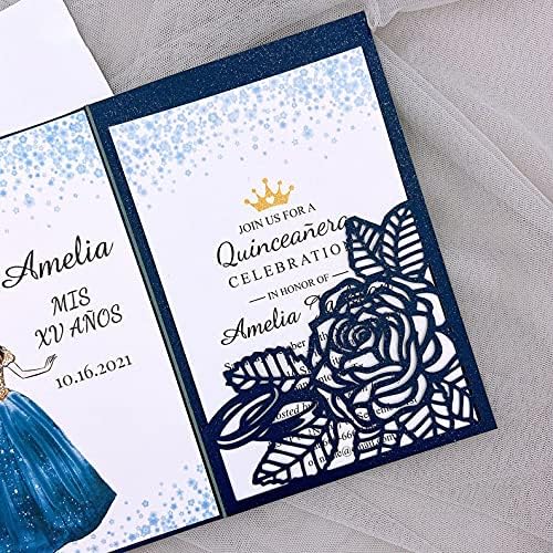 50sets Navy Laser Cut Wedding Invitations Card Rose Greeting Cards Envelopes Invitation for Wedding Birthday Baby Graduation Party Supplies (Only invitation cards, Navy) - Image 5