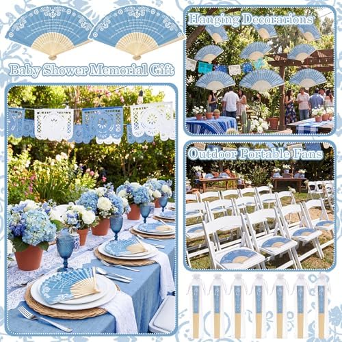 Barydat 24 Sets Cielito Lindo Baby Shower Favors De Barro Paper Hand Fans with Organza Bags Mexican Folding Fans Handheld Home Decor DIY Supplies for Guest Talavera Bridal Baby Shower(Blue) - Image 5