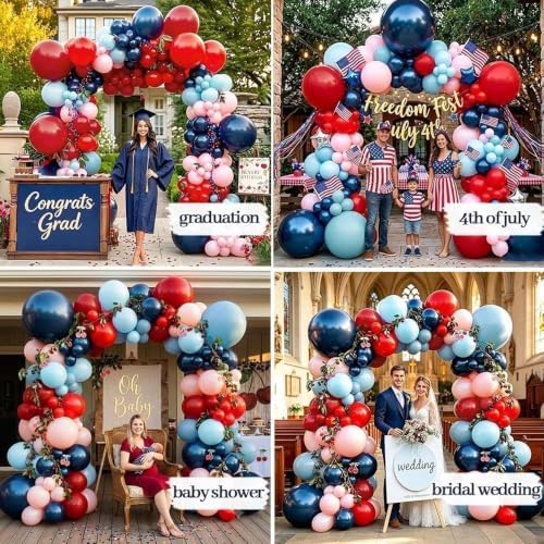 Red Blue Pink Balloon Garland Double Stuffed Dark Navy Blue Red Cherry Balloon Arch Kit for Graduation 4th of July Birthday Baby Shower Bridal Wedding Party Decorations - Image 7