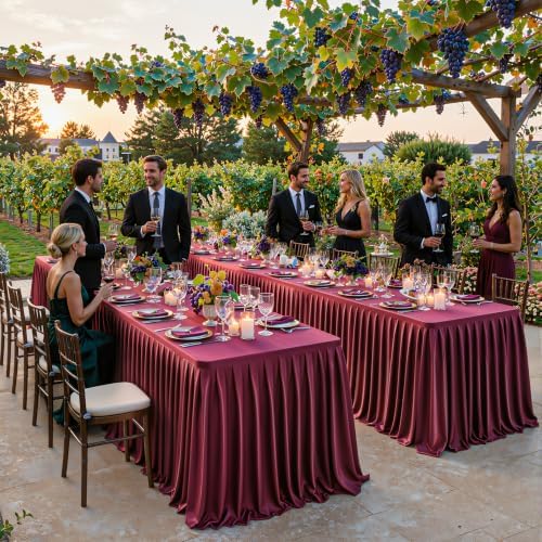 6 Packs Burgundy Satin Tablecloths Rectangle 8FT, Glitter Spandex Fitted Stretch Table Covers Wrinkle-Free Floor Length Shimmer Table Skirt for Weddings Parties Baby Shower Banquets Vendor Events - Image 6