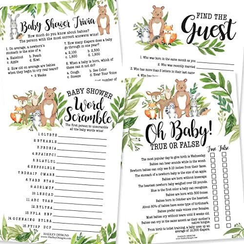 Hadley Designs 25 Woodland Word Scramble for Baby Shower, 25 True Or False Game, 25 Trivia Game, 25 Find The Guest - 4 Double Sided Cards Baby Shower Ideas, Gender Reveal Games Baby Shower Games by HadleyDesigns