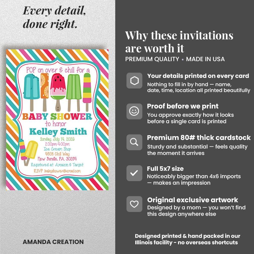 20 Custom Baby Shower Invitations with Envelopes – Personalized Popsicle Summer Chill 5x7 Invite Set | Fully Customizable, Proof Included, Customizable Kit of Matching Thank You Cards, Stickers & Diaper Raffle Tickets | Made in USA - Image 4