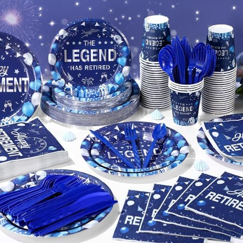 Funnymoom 400 Pcs Happy Retirement Party Supplies for 50 Guests Navy Blue and Silver Disposable Plates Napkins Cups Forks for Retired Party Decoration Favor for Women Men(Blue and Sliver, Retirement) - Image 6