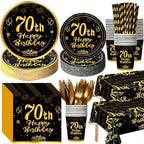 Funnymoom 452 Pcs 70th Birthday Party Decorations Set for Men Women, Black and Gold Happy 70th Birthday Paper Plates Napkins Cups Tablecloth Cutlery Straws Cheers to 70 Years Anniversary Party by Funnymoom