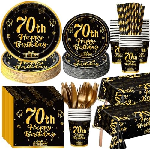 Funnymoom 452 Pcs 70th Birthday Party Decorations Set for Men Women, Black and Gold Happy 70th Birthday Paper Plates Napkins Cups Tablecloth Cutlery Straws Cheers to 70 Years Anniversary Party by Funnymoom