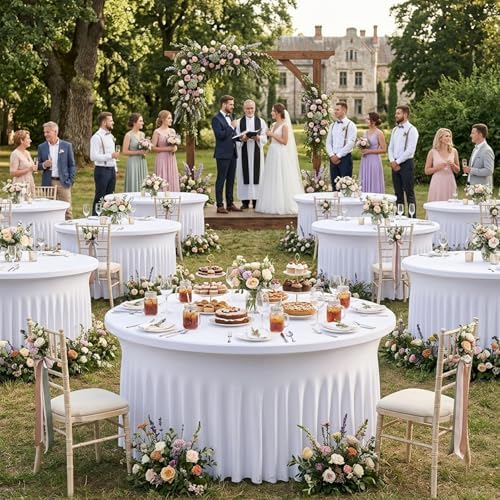6 Pack White Round Spandex Tablecloths for 60in Tables, Wrinkle Free Stretchy 120inch Fitted 5FT Round Table Cloths Cover with Skirt for Wedding Party Dining Banquet Events by Htper