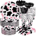 durony 350 Pieces Pink Cow Print Party Tableware Set Including Cowgirl Pink Cow Party Plates Cups Napkins Knives Forks Spoons Serves 50 for Baby Shower Farm Cow Party Decorations by durony