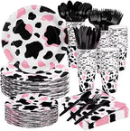 durony 350 Pieces Pink Cow Print Party Tableware Set Including Cowgirl Pink Cow Party Plates Cups Napkins Knives Forks Spoons Serves 50 for Baby Shower Farm Cow Party Decorations by durony