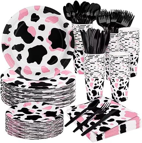 durony 350 Pieces Pink Cow Print Party Tableware Set Including Cowgirl Pink Cow Party Plates Cups Napkins Knives Forks Spoons Serves 50 for Baby Shower Farm Cow Party Decorations by durony