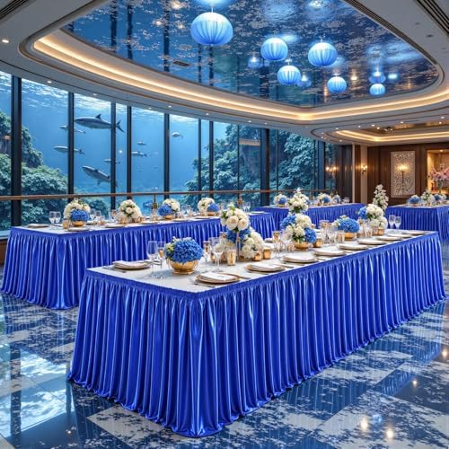 21ft Length Royal Blue Satin Table Skirt for Rectangle Tables, Wrinkle Resistant Pleated Ruffle Table Cloth Glitter Desk Skirting for Weddings Banquet Birthday Party Stage Decorations by Partisky