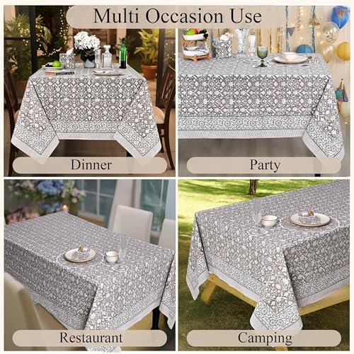 Ridhi Taupe 60x60 Inches Square Indian Hand Block Floral Printed Pure Cotton Cloth Tablecloth, Farmhouse Outdoor Wedding Restaurant Party Home Spring Fall - Image 5