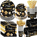 Funnymoom 452 Pcs Happy Retirement Party Decorations Men for 50 Guests, Black Gold Retirement Paper Plates and Napkins Cups Tablecloth Cutlery Straws Disposable Tableware Party Supplies for Men Women by Funnymoom