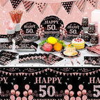 Funnymoom 452 Pcs 50th Birthday Decorations for Women Black and Rose Gold 50th Birthday Paper Plates Cups Napkins Tablecloth Cutlery Straws for Girls Women 50 Year Old Party Supplies for 50 Guests - Image 4