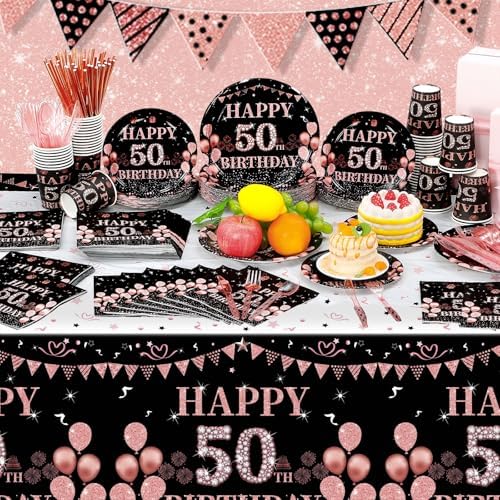 Funnymoom 452 Pcs 50th Birthday Decorations for Women Black and Rose Gold 50th Birthday Paper Plates Cups Napkins Tablecloth Cutlery Straws for Girls Women 50 Year Old Party Supplies for 50 Guests - Image 4