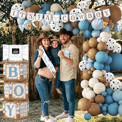 Cowboy Baby Shower Decorations for Boy, A Little Cowboy is on the Way Party Supplies, Western Rodeo Baby Shower Decor, It's a Boy Gender Reveal, Balloon Box Banner Backdrop Stickers Sash Cake Topper - Image 2