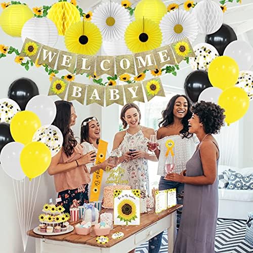 207 PC Sunflower Baby Shower Decorations for Girl or Boy Kit – Welcome Baby Pre-Strung Banners, Flower Vine, Guestbook, Sash, Daddy Pin Yellow Balloons Cake Toppers Fans Lantern Games & Favor Stickers - Image 4
