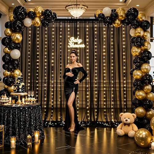 20ft x 12ft Black Tulle Photo Backdrop Curtain with Lights String for Parties Sheer Black Curtain Backdrop for Birthday Party Baby Shower Wedding Photo Booth Photography Background Decorations - Image 2