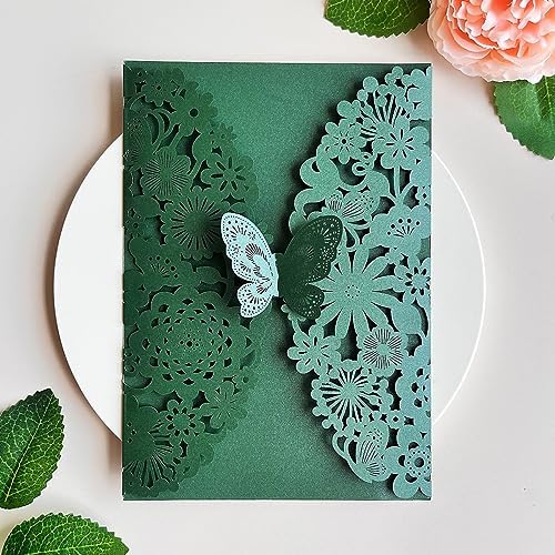 Hosmsua 5.12''x7.3'' 50PCS Emerald Green Quinceanera Invitation Kit Laser Cut Flora Butterfly Invitation Cards Pocket with Envelopes for Quinceanera Bridal Shower Wedding invite (Emerald Green) - Image 4