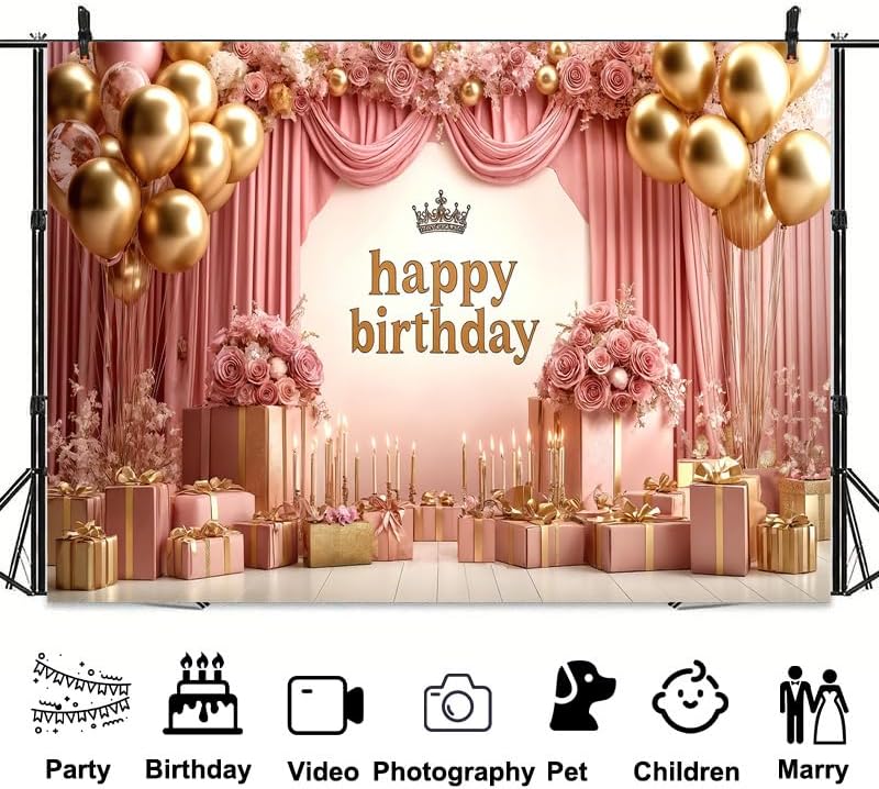 Rose Gold Birthday Backdrop Banner Pink Balloon Floral Rose Photography Background for Girls Women Gold Birthday Party Wedding Baby Shower Decor Photo Booth Supplie, 15X10 Ft - Image 5