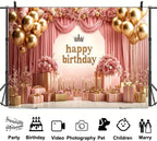Rose Gold Birthday Backdrop Banner Pink Balloon Floral Rose Photography Background for Girls Women Gold Birthday Party Wedding Baby Shower Decor Photo Booth Supplie, 12X10 Ft - Image 5