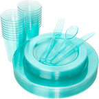WDF 25 Guest Green Plastic Plates with Disposable Silverware&Green Cups-Neon Clear Plastic Dinnerware include 25 Dinner & Salad Plates,25 Forks, 25 Knives, 25 Spoons,25 Cups for Party by WDF