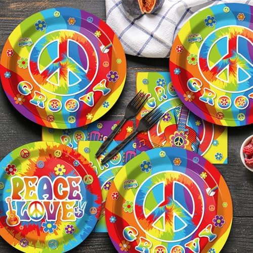 200pcs 60's Hippie Party Plates Napkins Groovy Paper Tableware Set Tie Dye Cake Dessert Disposable Dinnerware 60s 70s Hippie Party Decoration for Baby Shower Birthday Decor Supplies Serves 50 - Image 6